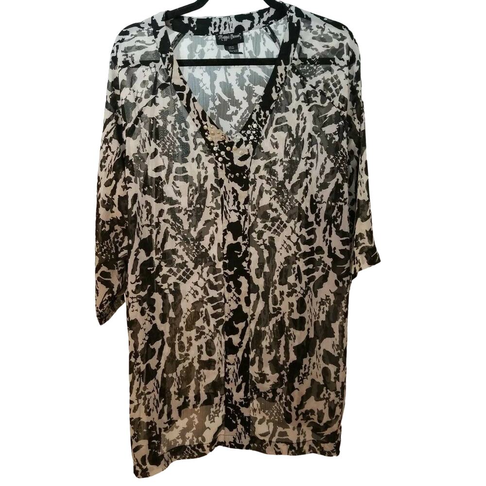 Maggie Barnes Womens Sheer Blouse Black Plus Size 2X Embroidered Long Sleeves